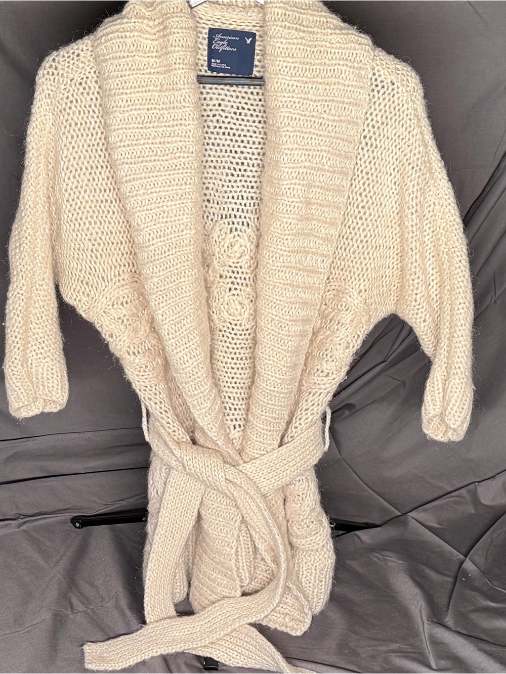 American Eagle Mohair & Wool Blend Cream Textured Shawl Collar Belted Cardigan